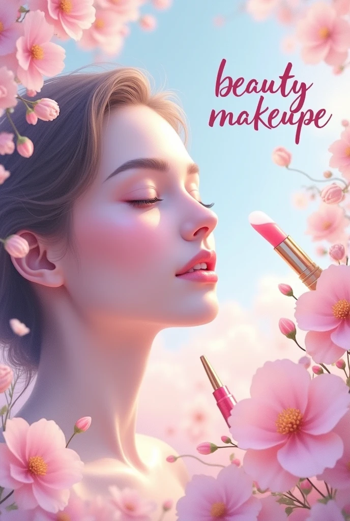 An image that has the name Beauty Makeup in italics and in pastel tones with pastel flowers and makeup things, just that