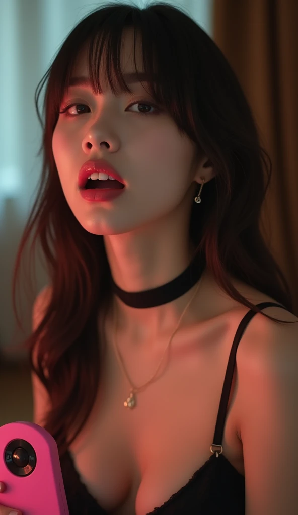 Highest quality,Japanese Idols, Straight Long Hair、bangs、Award-winning photo, Very detailed, Edge Orgasm, Face Focus, (Woman with open mouth and closed eyes ), 1、Brown Hair、 News anchor、Glowing Skin, Black choker,From below、Realistic nostrils、Browsing Caution,Shortcuts、Big Breasts、Vibrator prank in public, Big Breasts Women in Public, She leaned back., (She closed her eyes), she yawns, Hand holding a pink remote control outside the frame, She wants you to stop using vibrators