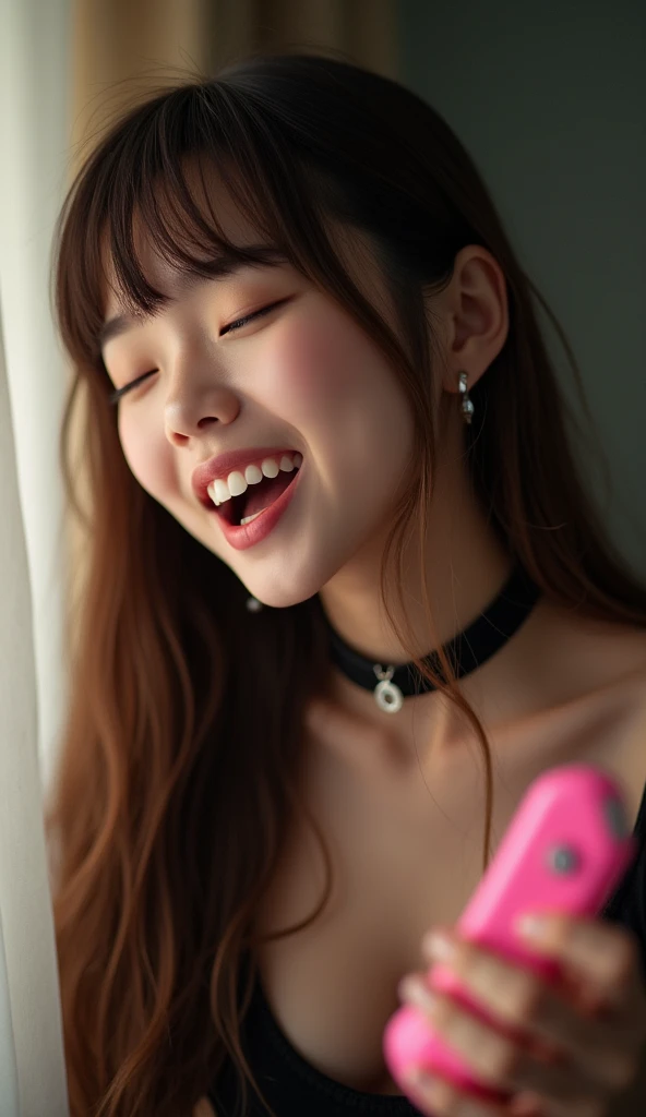 Highest quality,Japanese Idols, Straight Long Hair、bangs、Award-winning photo, Very detailed, Edge Orgasm, Face Focus, (Woman with open mouth and closed eyes ), 1、Brown Hair、 News anchor、Glowing Skin, Black choker,From below、Realistic nostrils、Browsing Caution,Shortcuts、Big Breasts、Vibrator prank in public, Big Breasts Women in Public, She leaned back., (She closed her eyes), she yawns, Hand holding a pink remote control outside the frame, She wants you to stop using vibrators