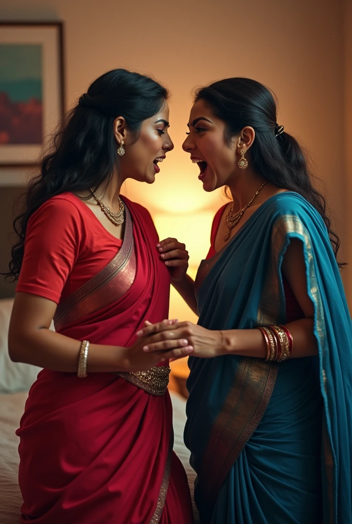Two wives one in red saree and matching small sleeve blouse and another woman in blue saree and small sleeve blouse having a fight in bedroom with anger hatred and jealousy visible in face of both women