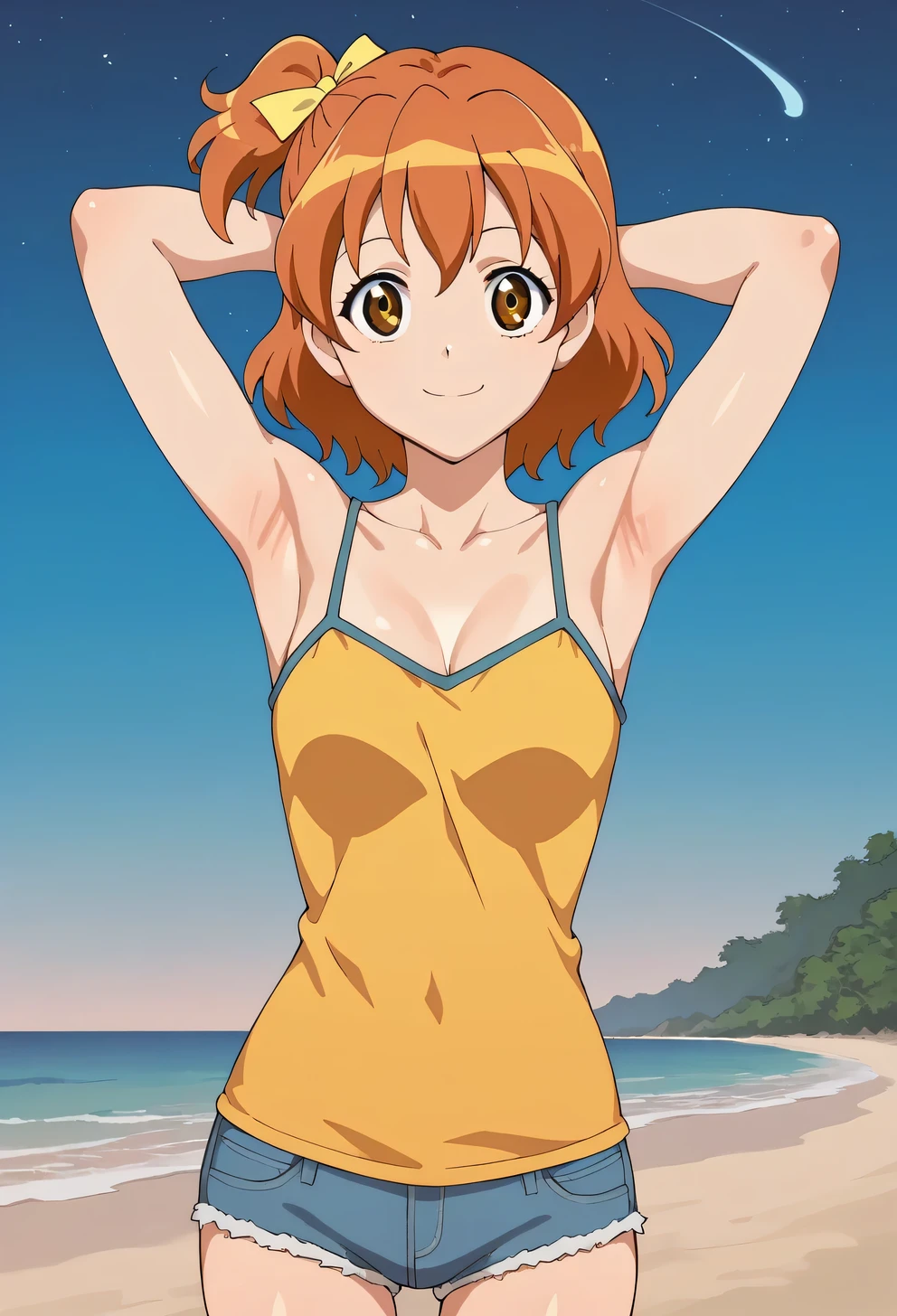 yamabuki inori, orange hair, brown eyes, medium hair, one side up, yellow ribbon, hair ribbon, camisole, denim shorts, shiny skin, looking at viewer, high quality, closed mouth, looking at viewer, smile, showing armpit, looking at viewer, solo, contrapposto, spread armpit, arms behind head, smile, looking at viewer, (cowboy shot:1.5), closed mouth, night sky, beach, best quality,