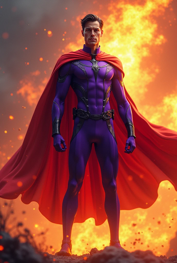 Create a hero with fire powers, purple uniform with red cape and black details