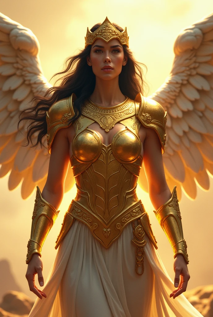 Goddess Athena with golden armor with wings and very pretty