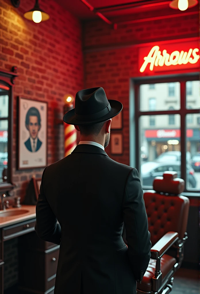BARBERSHOP IN NEW YORK, There is a big mirror on the wall, Retro barber chair, ((Antique barber chair)), Realなイメージ, window, Portrait poster, Clear images, Faded red brick wall, (「ARROWS」A neon sign with capital letters), (Illuminated barber pole), (Male barber, lean body, suit, Wear a black hat), Highest quality, masterpiece, Ultra-high resolution,(Real:1.4), Original photo