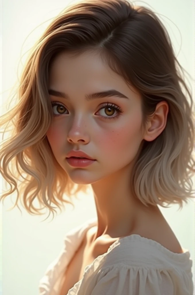 With the style SamDoesArts, creates the image of a girl with shoulder-length hair and brown eyes, Your hair should have a gradient from dark brown to ash blonde