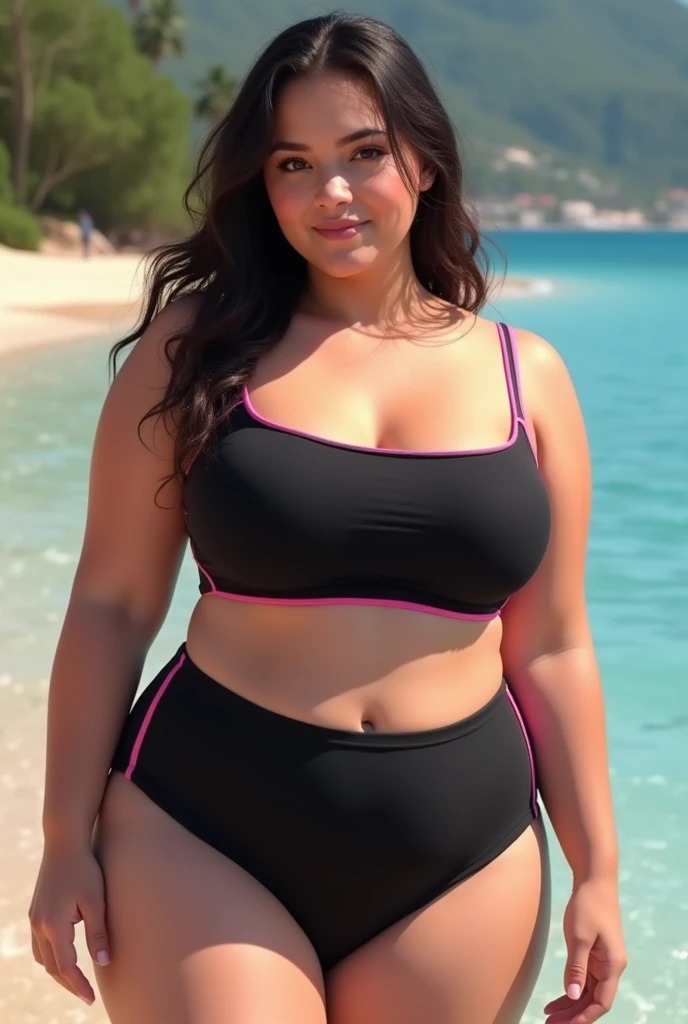 The Girl Dressed In Her Black And Pink One-Piece Swimsuit With Tight Shorts, Thin Straps And A Round Neckline And Her Very Fat Stomach