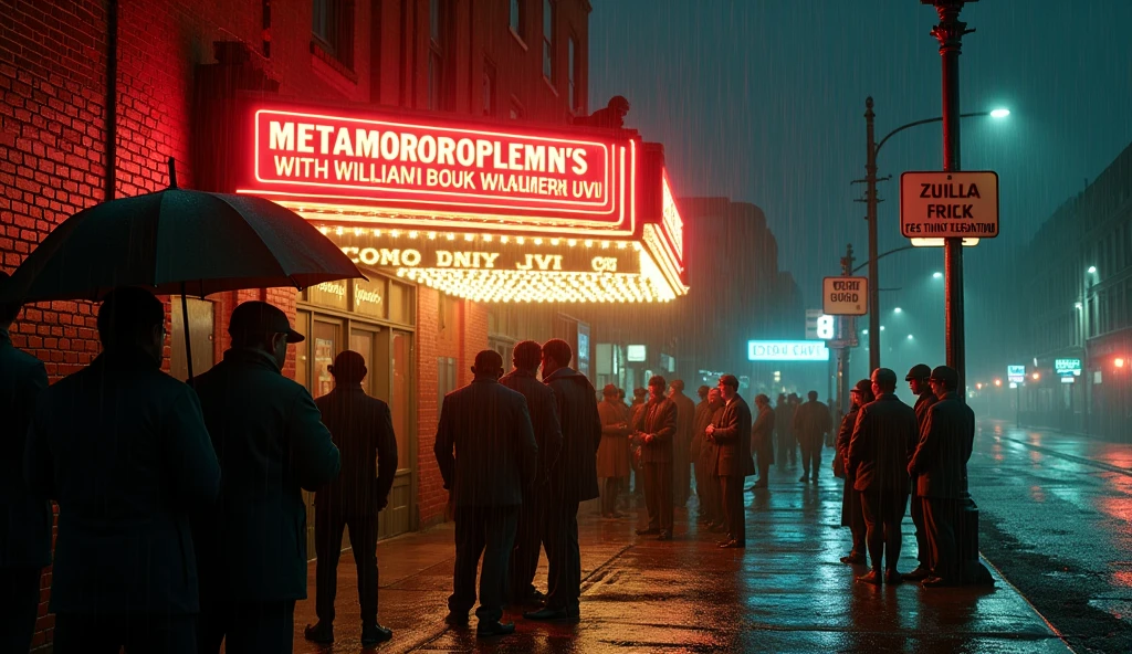 Men queuing up at a porn theater with prostitutes in New York in 1974, raining night, and on the sign it says: "Petulant Metamorphosis with William Avi"