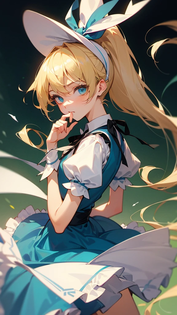 high resolution、Perm blonde、ponytail、Black ribbon on head、simple light blue dress、White frills on the skirt。One Girl!
A girl like Alice in Wonderland。
The Mad Hatter, a male character from Alice in Wonderland。Green's big top hat、Green Tuxedo、Big blue bow tie、Gray Hair、Bob Short Hair、My hair is flying。One Man。