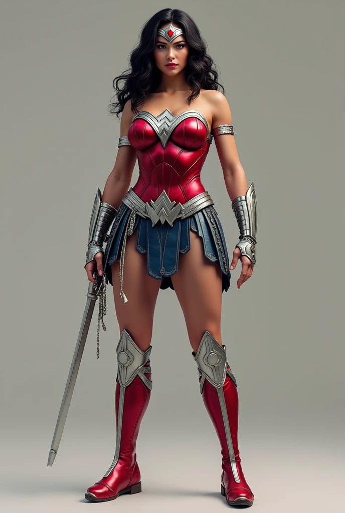 Wonder Woman samurai headband Wonder Woman in silver colored metal with a red star on her forehead Red Wonder Woman corset Bracelets in silver colored metal Long red boots up to her knees