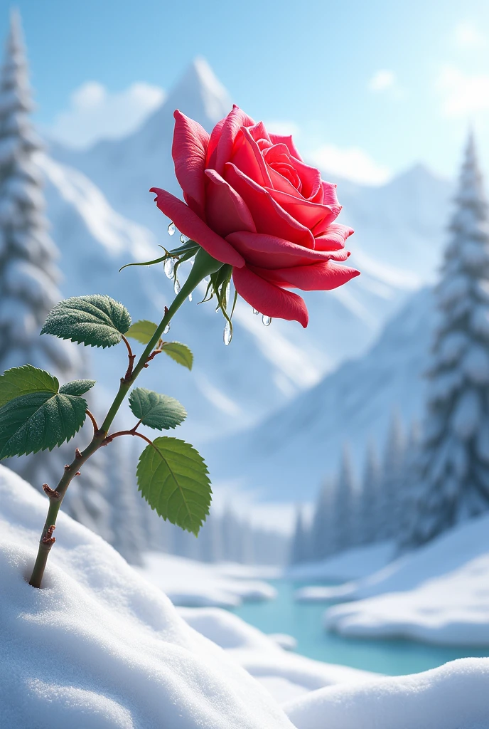 A single rose in full bloom hanging from a branch, in a snowy landscape, snowy mountains in the background 