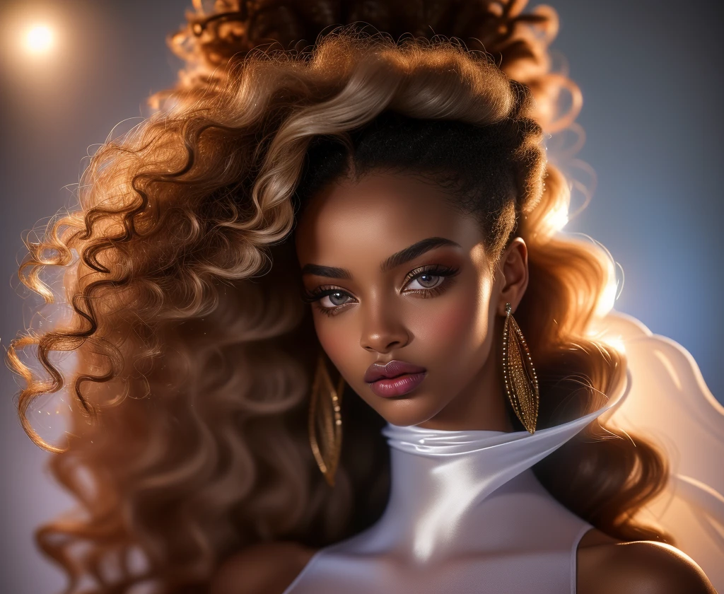 ((hyperrealism)), ((masterpiece)), ((breathtaking)) photo portrait of a gorgeous greek-african goddess with voluminous curly blonde hair, huge light grey sparkling eyes, very full luscious lips, ((dark silky skin with ethereal shimmer)), long eyelashes, very long neck, beautiful straight eyebrows, ((angelic beauty))