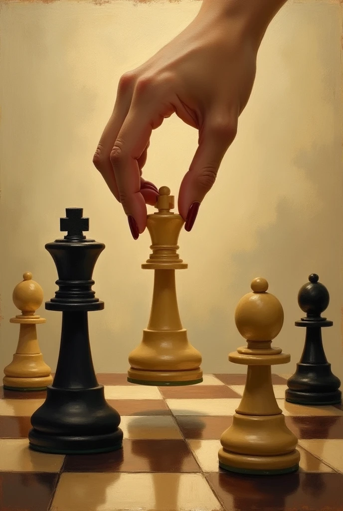 illustration of a woman&#39;s hand with slender fingers carrying a queen chess piece that overthrows a king chess piece. while the other chess pieces are some next to it. oil painting style. dominant color is soft gold retro