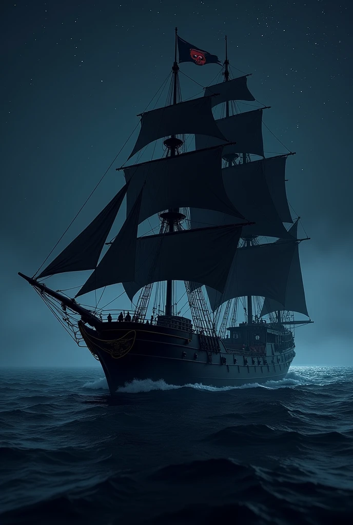 A ship on the high seas at night with its black flag with a red skull