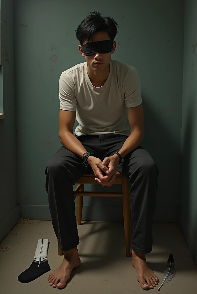Handsome malay Zarul 19years 
He faint 
Focus 5toefeet
Shoeless
Hand Tied up woodenchair 
blindfolded
feather on floor
Pair of Blacksock on floor

