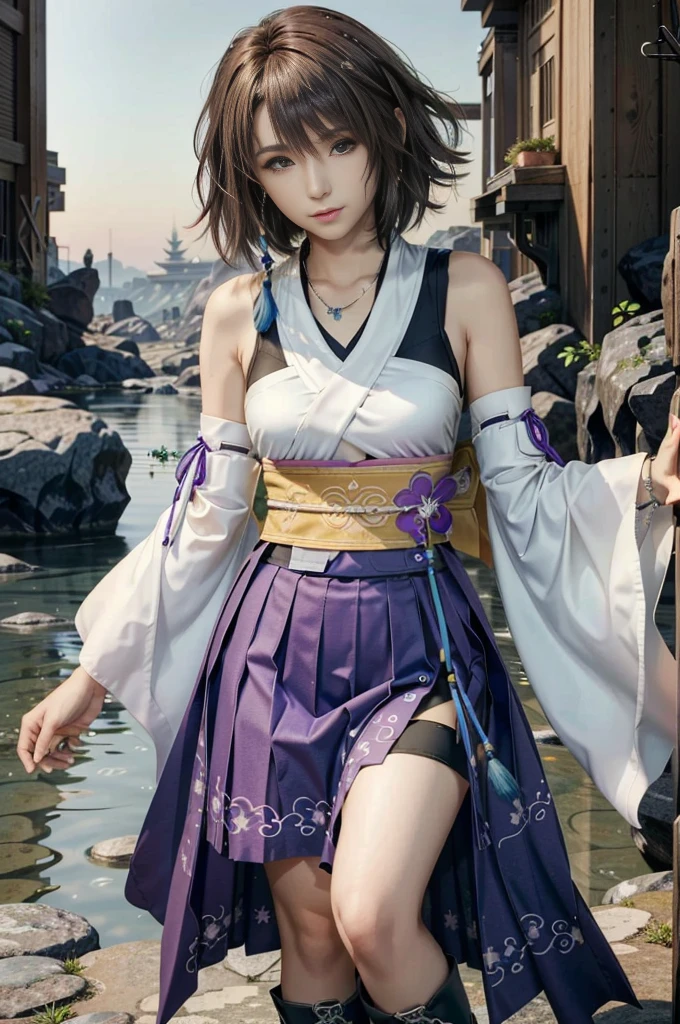 (masterpiece, best quality:1.3)
YunaFF10,  1girl, solo, looking at viewer, smile, short hair, blue eyes, skirt, brown hair, hair ornament, jewelry, underwear, green eyes, standing, full body, boots, detached sleeves, japanese clothes, bra, heterochromia, hakama, hakama skirt, blue hakama, purple hakama, yuna (ff10)