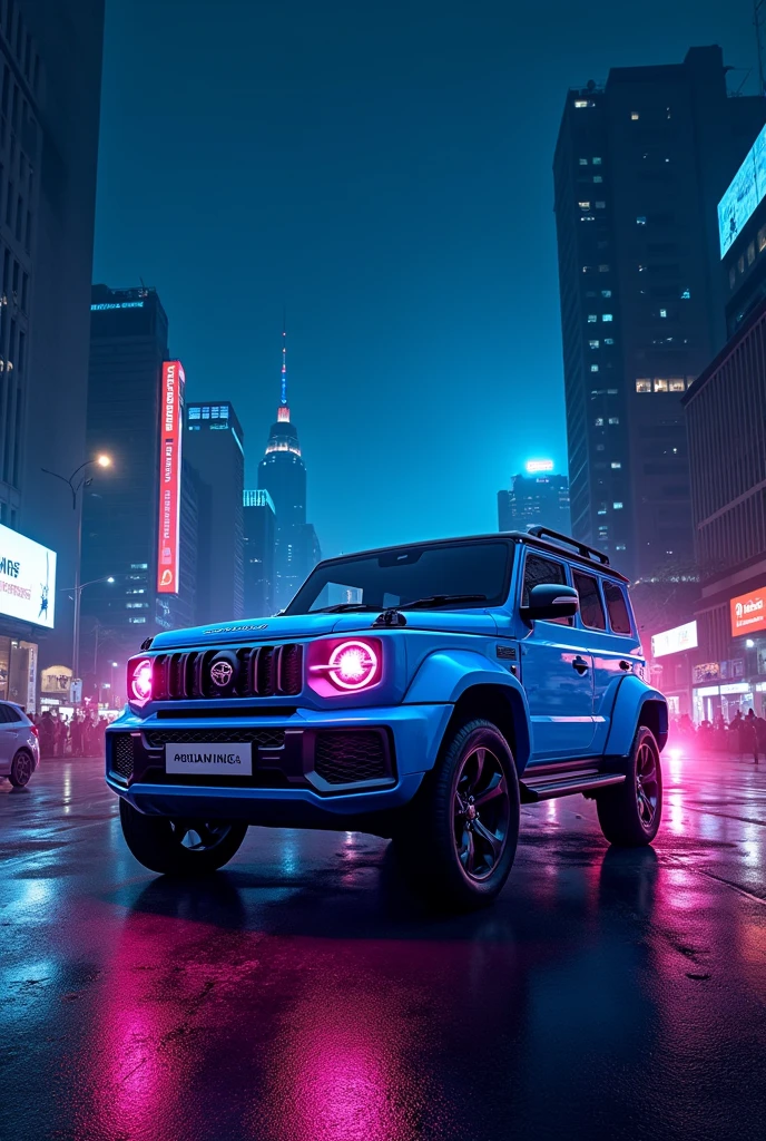 Mahindra scorpio in Mumbai city at night with neon blue color with cinematic view