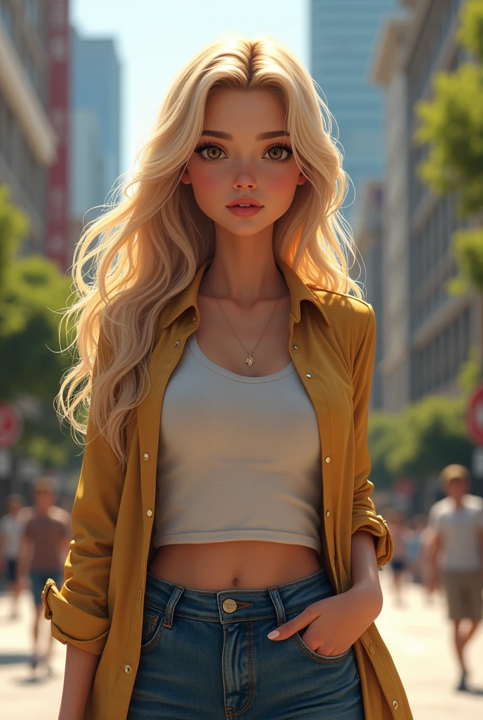 a woman with long hair, blonde, honey-colored eyes, dressed in street clothes on a boulevard full body 4K ultra realistic