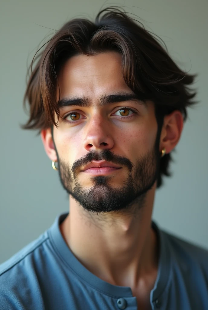 A young white man with a round face, bearded man with thick eyebrows, eyes browns, and straight hair forward. wearing a blue outfit. 1 wearing an earring in her left ear.