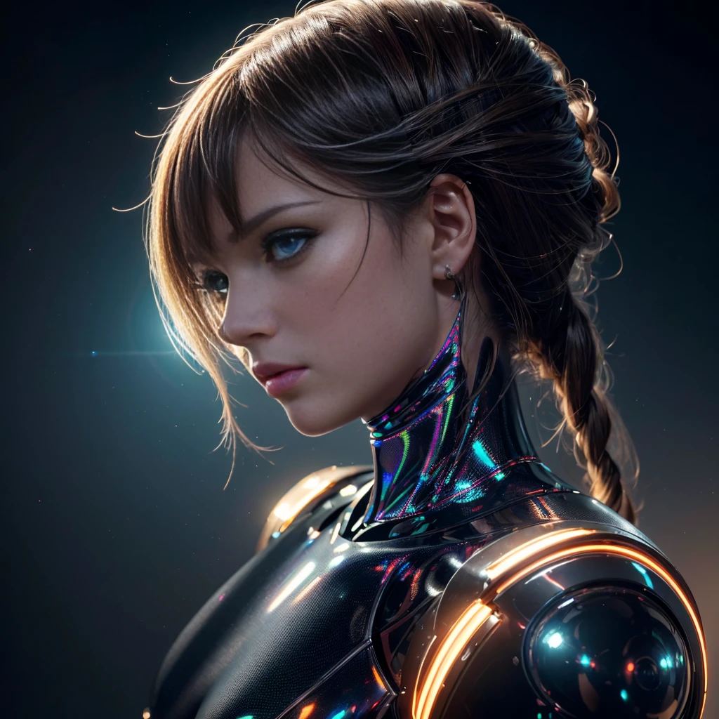 (8k, RAW Photo, Top Quality, Refined Details, Masterpiece: 1.2), (High Resolution 8k Wallpaper), Sharp Focus, Professional Lighting, Depth of Field, Cinematic Lighting, Background Blur,Artistic profile portrait of a humanoid robot woman, elegant design, holographic elements, soft ambient lighting