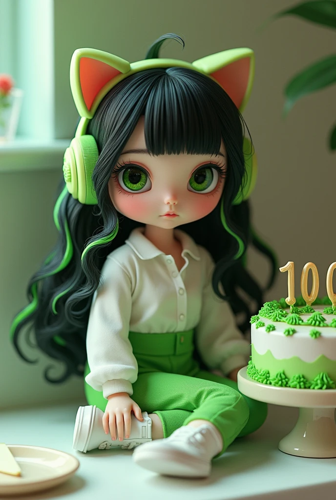   doll shape,white skin green eyes black and green wavy hair white blouse and green pants white sneakers cat ear headphones green and 100 followers cake on a table