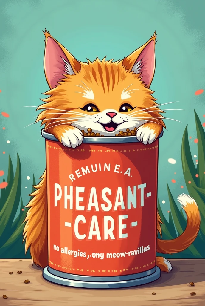 Can you make me a can of cat food and include a cat eating in it?, Also add the name which is Pheasant-care and the slogan which is: “NO ALLERGIES,only Meow-ravillas”