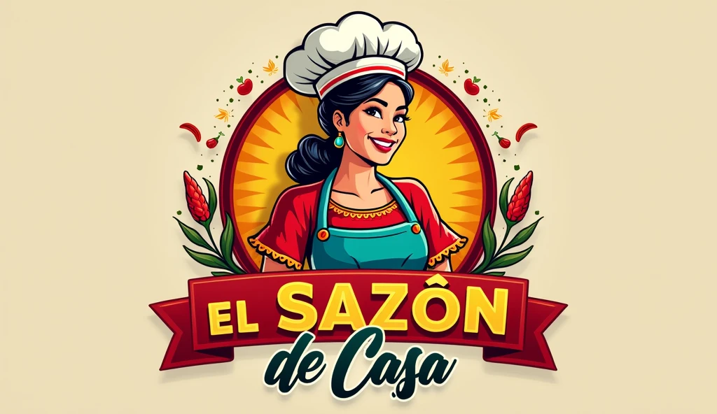 We want a logo for my mom's kitchen, which is called "El Sazón de Casa", We want something that projects the idea we have as such, We want the logo to be colorful and to attract the attention of our potential clients., We want something rustic and simple, we want something more colorful, We want it to be the logo that can be used in advertising in photos of our dishes, something that is pretty and pleasing to the eye, We want the logo to feature a typical Mexican woman., with his apron and cap, as a sign or indication that the food is tasty