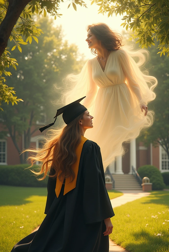 A girl graduating from college with long blonde hair and her mom with short wavy black hair watching her from heaven and she is happy 