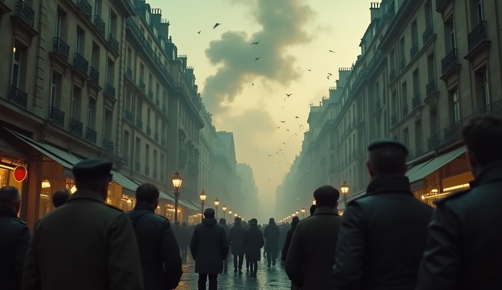 cinematic, dramatic, dark cityscape of Paris 1940, people in the streets looking up in fear, bombs falling from the sky, detailed photorealistic 8k, cinematic lighting, rich color palette, gritty realistic style, tension and chaos, urban destruction, smoke and debris, realistic facial expressions, gripping wartime scene