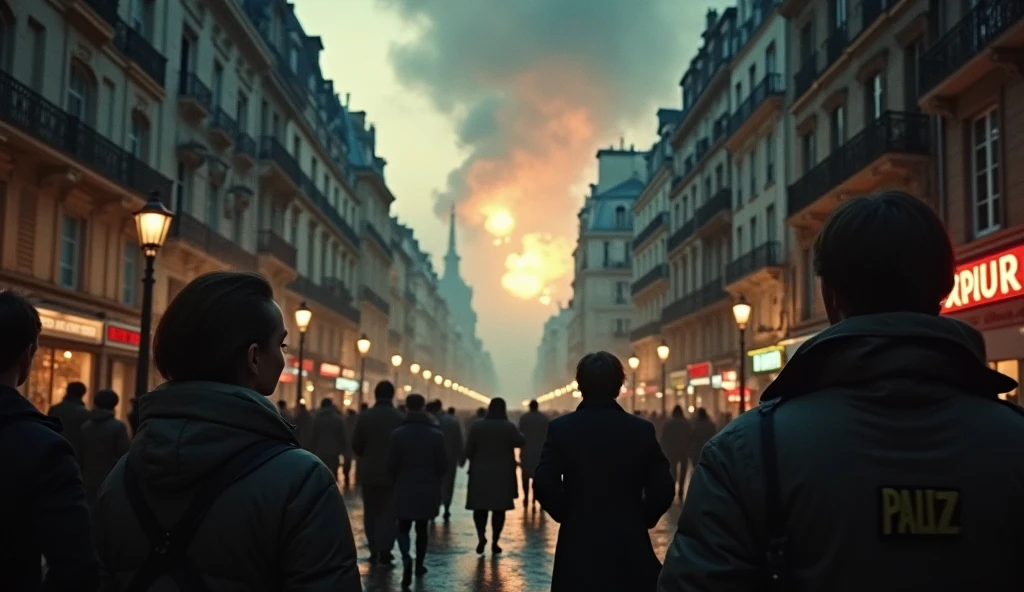 cinematic, dramatic, dark cityscape of Paris 1940, people in the streets looking up in fear, bombs falling from the sky, detailed photorealistic 8k, cinematic lighting, rich color palette, gritty realistic style, tension and chaos, urban destruction, smoke and debris, realistic facial expressions, gripping wartime scene