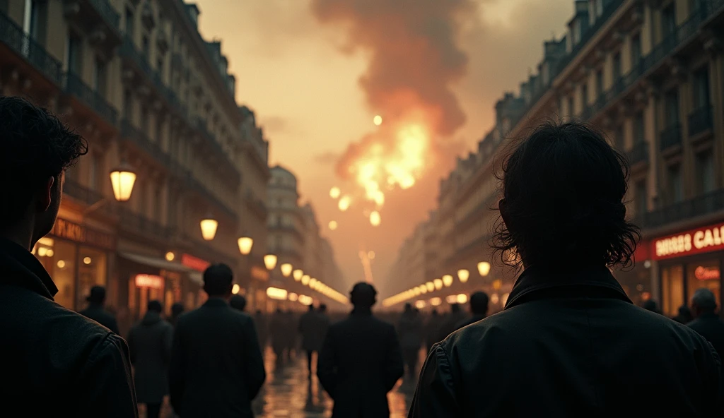 cinematic, dramatic, dark cityscape of Paris 1940, people in the streets looking up in fear, bombs falling from the sky, detailed photorealistic 8k, cinematic lighting, rich color palette, gritty realistic style, tension and chaos, urban destruction, smoke and debris, realistic facial expressions, gripping wartime scene