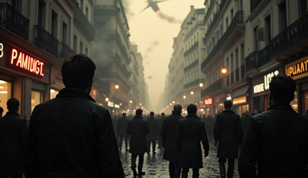 cinematic, dramatic, dark cityscape of Paris 1940, people in the streets looking up in fear, bombs falling from the sky, detailed photorealistic 8k, cinematic lighting, rich color palette, gritty realistic style, tension and chaos, urban destruction, smoke and debris, realistic facial expressions, gripping wartime scene