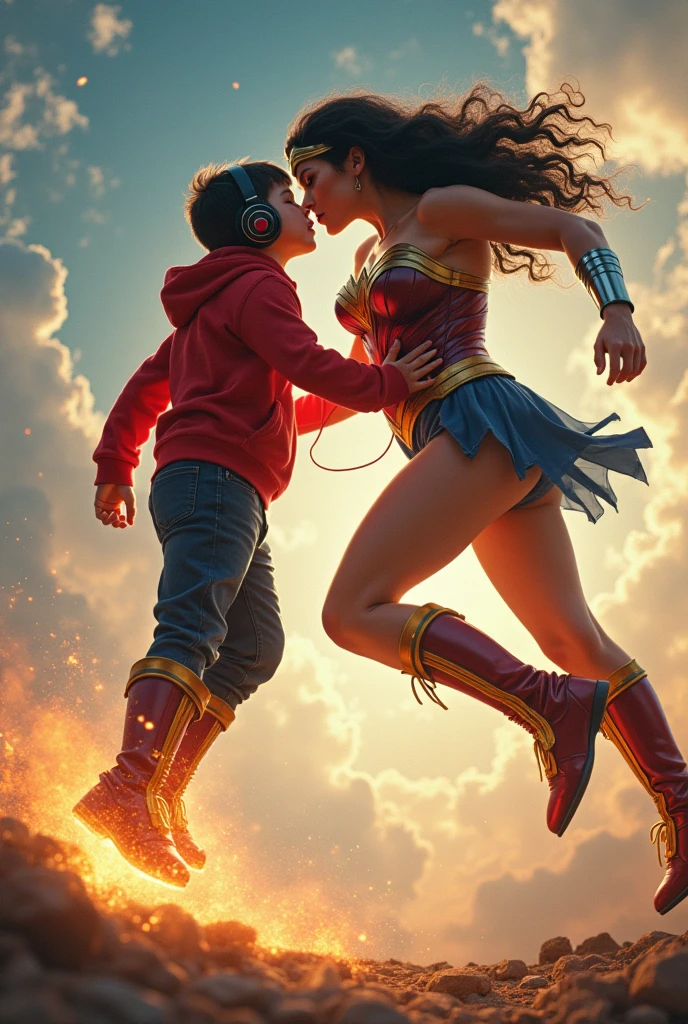  with red hoodie, headphones, magic rings in the hands and rocket boots, Vs, wonder woman (Big tits & perfect body), fighting, power, fiction, full body, 2 persons, magic lasso, hight, fall, fire in boots, poweful spells, realistic, gun, flying in the sky, love, passion, kissing, Romance, kiss on the mouth, tongue kiss, kiss on the breasts