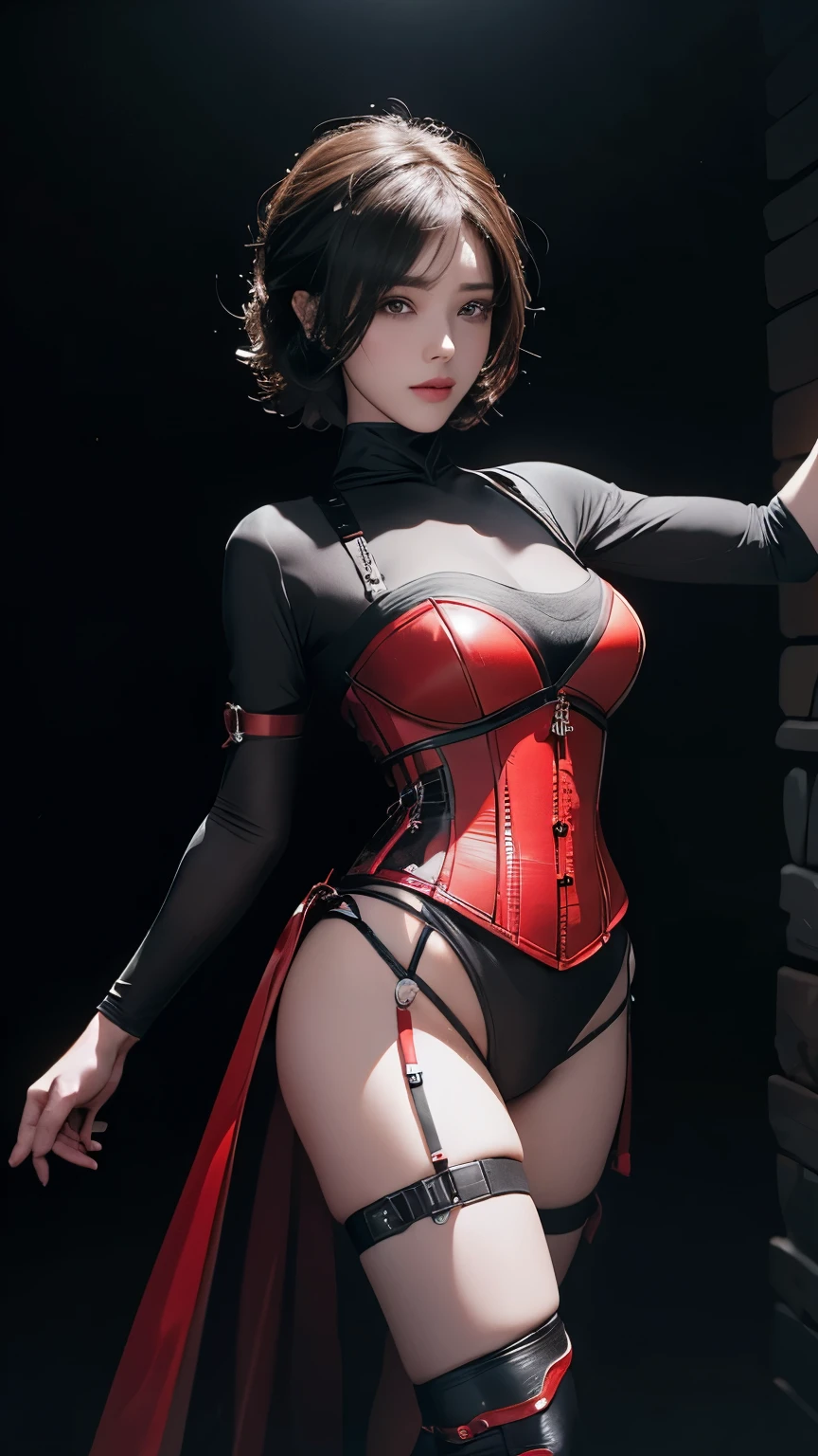 masterpiece, Highest quality, Very detailed, To the camera, 複雑に詳細なVery detailedな, Realistic, Sharp features, Very detailed, Sharp focus, Perfect Face, Perfect Face, Perfect symmetry and perfect eyes, Perfect Plump Lips, Flexible female form, Cinematic, Film Light, Very detailedな, hyper Realistic, masterpiece, Atmospheric, High resolution, Vibrant, Dynamic Studio Lighting, ((Dark Background)), The facial expression when feeling happy, handcuffs, BDSM, slave, Rubber, Red Corset, (赤いfirst round), ((Highest quality, 8k, masterpiece: 1.3)), Sharp focus: 1.2, Beautiful woman with perfect figure: 1.4, Slim Abs: 1.2, Wet body: 1.5, Very detailedな顔と肌の質感, Detailed eyes, double eyelid, Very short hair,((Sm嬢)),((m嬢)),handcuffs,first round,Red and black outfit