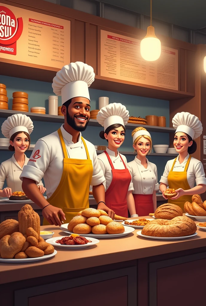 8 people, 4 men and 4 women wearing chef attire, two of them wearing golden chef&#39;s attire in a place full of sweets and savory snacks with a huge logo saying Padaria Zona Sul