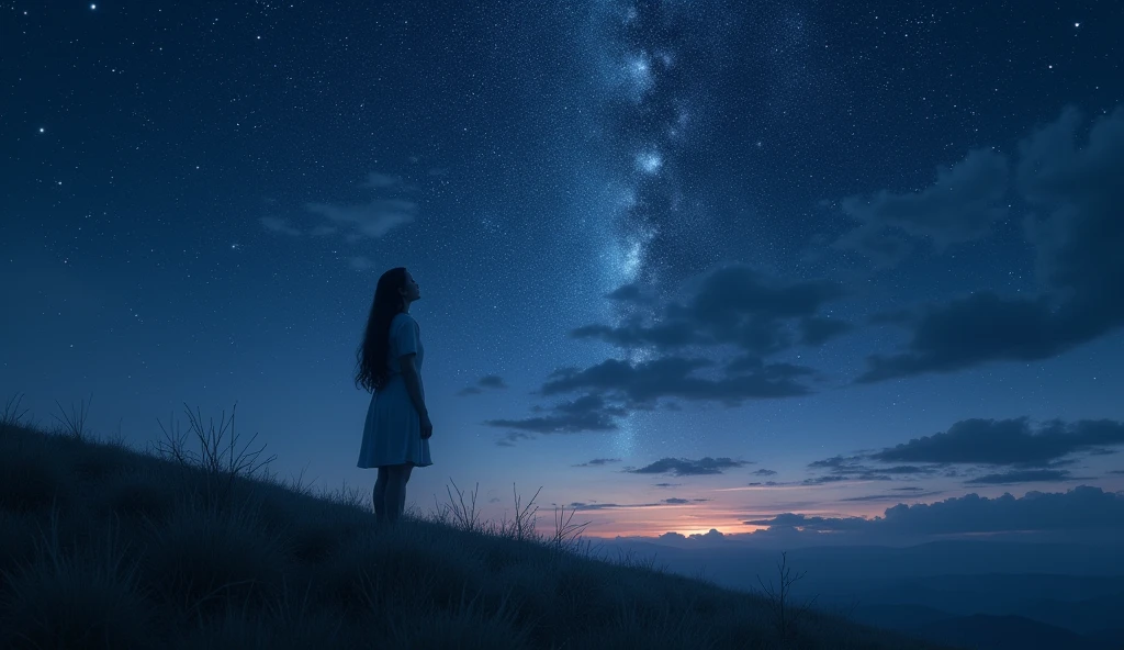A woman looking up at the starry sky on a hill,Beautiful starry sky