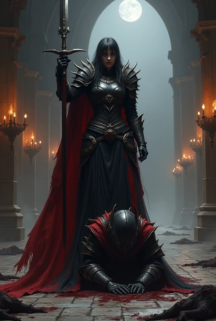A dark and intense visual depiction of Lady Althea Voss, clad in the Obsidian Guard's armor, defeating Kael Valaran in a dark fantasy setting. The scene takes place in a dimly lit palace chamber, with flickering torchlight casting long shadows across the stone floor. Althea, wearing her dark, blood-red-trimmed armor, stands over the fallen Kael, her sword raised for the final strike. Kael, bloodied and defeated, kneels on the ground, his own sword lying discarded at his side. Althea’s expression is cold and victorious, her face partially obscured by her helmet, while Kael’s face shows a mix of pain, exhaustion, and resignation. The background features the remnants of the fierce battle, with the bodies of Kael’s elite forces scattered around, all defeated by Althea and the Obsidian Guard. The art style is realistic, with a focus on the dark, foreboding atmosphere and the intense emotions of the characters.