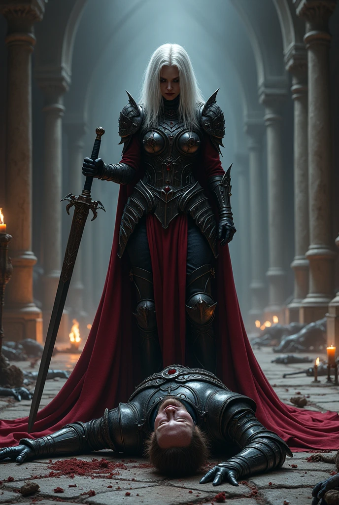 A dark and intense visual depiction of Lady Althea Voss, clad in the Obsidian Guard's armor, defeating Kael Valaran in a dark fantasy setting. The scene takes place in a dimly lit palace chamber, with flickering torchlight casting long shadows across the stone floor. Althea, wearing her dark, blood-red-trimmed armor, stands over the fallen Kael, her sword raised for the final strike. Kael, bloodied and defeated, kneels on the ground, his own sword lying discarded at his side. Althea’s expression is cold and victorious, her face partially obscured by her helmet, while Kael’s face shows a mix of pain, exhaustion, and resignation. The background features the remnants of the fierce battle, with the bodies of Kael’s elite forces scattered around, all defeated by Althea and the Obsidian Guard. The art style is realistic, with a focus on the dark, foreboding atmosphere and the intense emotions of the characters.