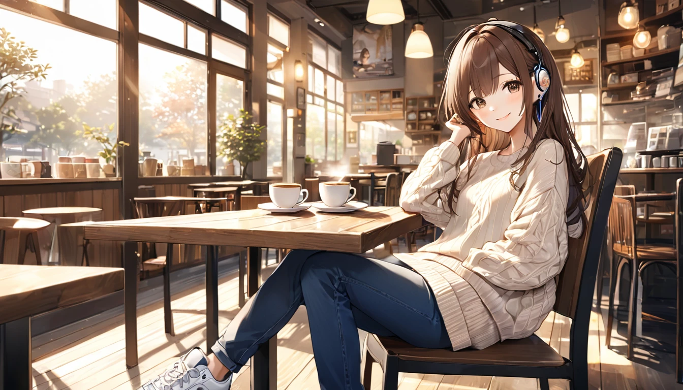 background:There is a wooden table and soft lighting.、A warm and cozy cafe seating。Outside there is a tree々And the sidewalk is visible.。
expression:With a gentle smile、Appearance of being at peace。
Costume:A soft cream-colored sweater、Dark Blue Jeans。On her feet she wears simple sneakers.。
Pause:Hold a hot cup of coffee in your right hand、His left hand is lightly touching the book on the table。The body is relaxed and leaning back in the chair。
scene:Morning sunlight pours in through the large windows of the cafe.、The light is soft on her hair and clothes.。The faint aroma of coffee fills the air inside the store.、Quiet music is playing。
(Brown haired woman wearing headphones), (Relaxing morning at the cafe), (Very detailed, masterpiece, Highest quality, bright), (Anime Style)。