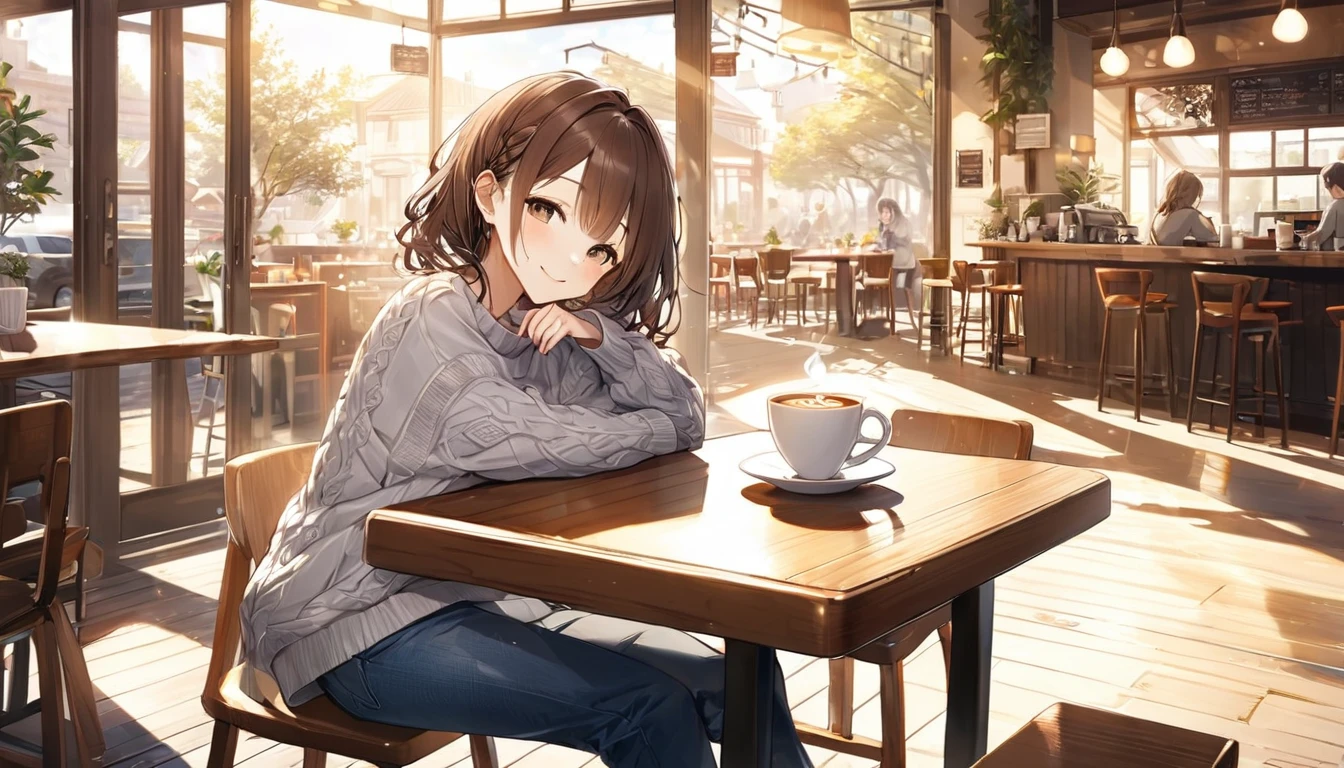 background:There is a wooden table and soft lighting.、A warm and cozy cafe seating。Outside there is a tree々And the sidewalk is visible.。
expression:With a gentle smile、Appearance of being at peace。
Costume:A soft cream-colored sweater、Dark Blue Jeans。On her feet she wears simple sneakers.。
Pause:Hold a hot cup of coffee in your right hand、His left hand is lightly touching the book on the table。The body is relaxed and leaning back in the chair。
scene:Morning sunlight pours in through the large windows of the cafe.、The light is soft on her hair and clothes.。The faint aroma of coffee fills the air inside the store.、Quiet music is playing。
(Brown haired woman wearing headphones), (Relaxing morning at the cafe), (Very detailed, masterpiece, Highest quality, bright), (Anime Style)。