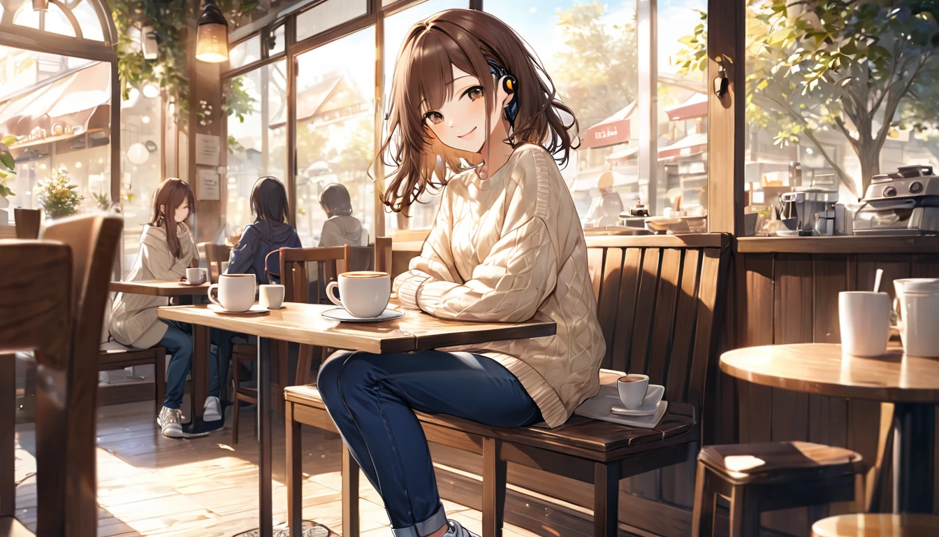 background：There is a wooden table and soft lighting.、A warm and cozy cafe seating。Outside there is a tree々And the sidewalk is visible.。
expression：With a gentle smile、Appearance of being at peace。
Costume：A soft cream-colored sweater、Dark Blue Jeans。On her feet she wears simple sneakers.。
Pause：Hold a hot cup of coffee in your right hand、His left hand is lightly touching the book on the table。The body is relaxed and leaning back in the chair。
scene：Morning sunlight pours in through the large windows of the cafe.、The light is soft on her hair and clothes.。The faint aroma of coffee fills the air inside the store.、Quiet music is playing。

(Brown haired woman wearing headphones), (Relaxing morning at the cafe), (Very detailed, masterpiece, Highest quality, bright), (Anime Style)。
