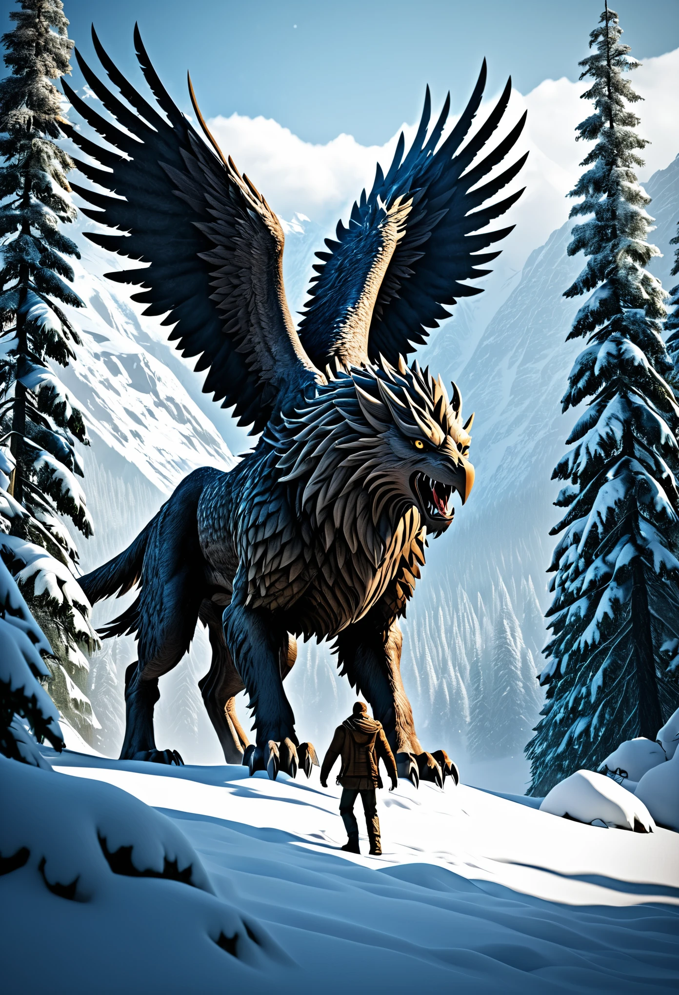 in the middle of the snowy forest, surrounded by snowy mountains, A giant Griffin carrying a man on its paws