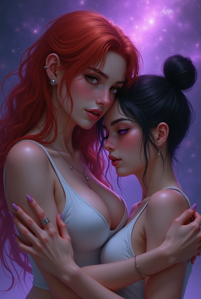 A red haired evanescence with brown eyes and piercings wearing a white tank top tying up daenerys with purple eyes and black hair and purple space buns with dark circles under her eyes and piercings