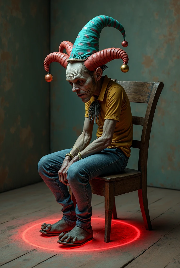 jester, Scrawny, with empty look, short guy with slightly torn clothes, with a colorful hat and he is sitting on an old wooden chair in an empty room while looking at the floor with a magic red circle underneath him
