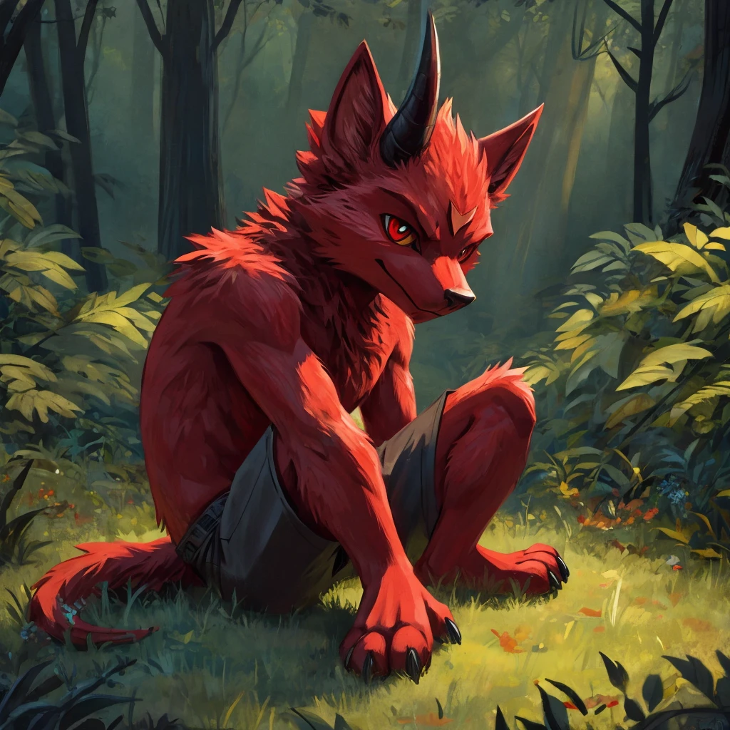 devil, furry, Dark red fur, barefoot, 3 toes Dark grey shorts, Alone, simple background, sitting on the grass in a forest, pointed cola, Whole body.
