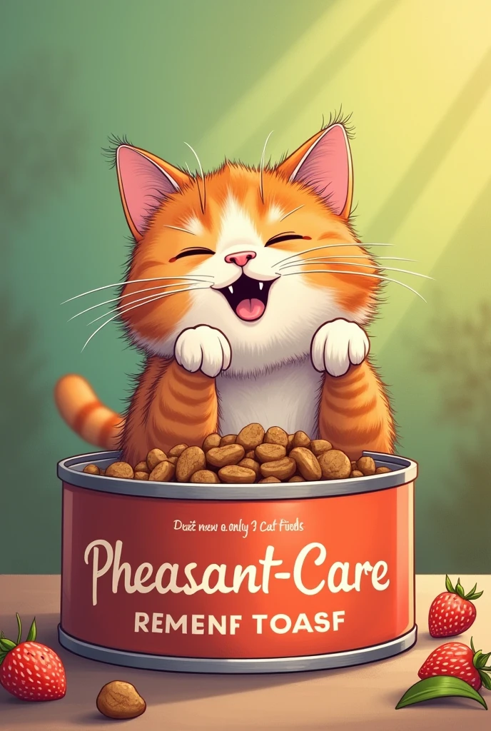 Can you make me a can of cat food and include a cat eating in it?, Also add the name which is Pheasant-care and the slogan which is: “NO ALLERGIES,only Meow-ravillas”