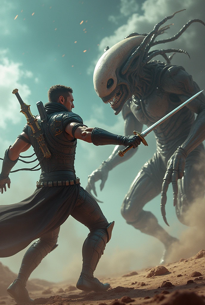 An interplanetary warrior, throwing a sword at an alien