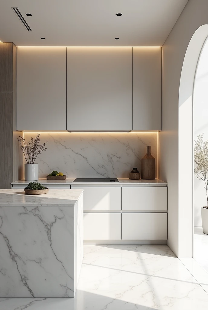 Generates the image of a minimalist kitchen, made of marble and granite. With an electric induction stove and minimalist elegant tableware, Add common kitchen details like a blender, covered, a mini oven and a hood above the stove to absorb smoke. Please add a mini bar in a corner. Please make it a general plan of the kitchen.