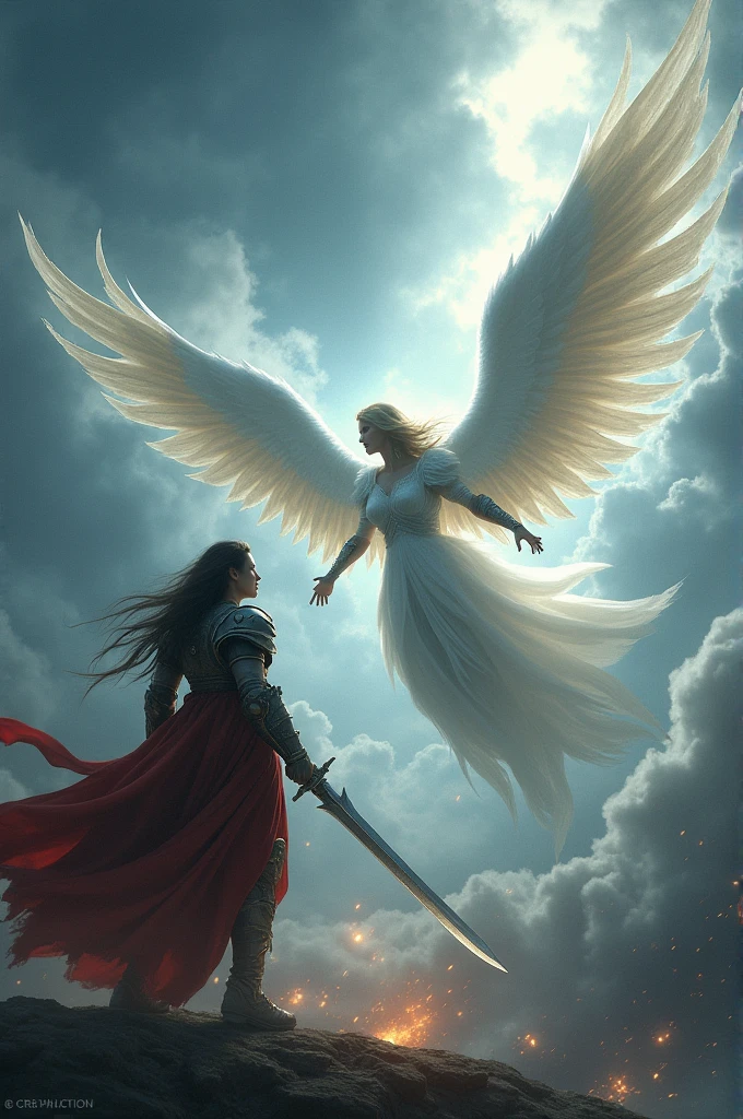Woman fighting against angel