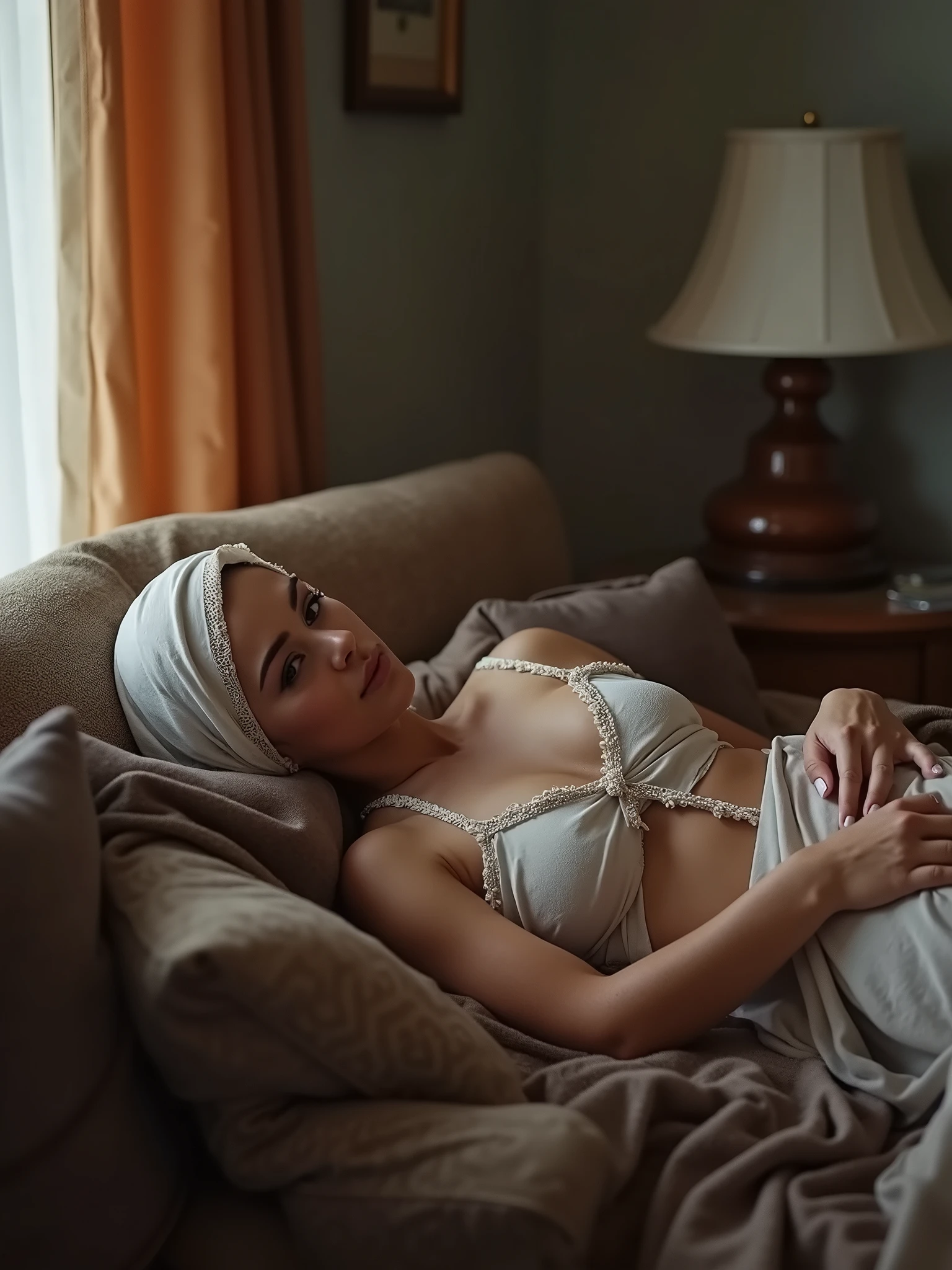 a naked sexy and horny Muslim girl resting with body full frontal at the office sofa after sexual intercourse