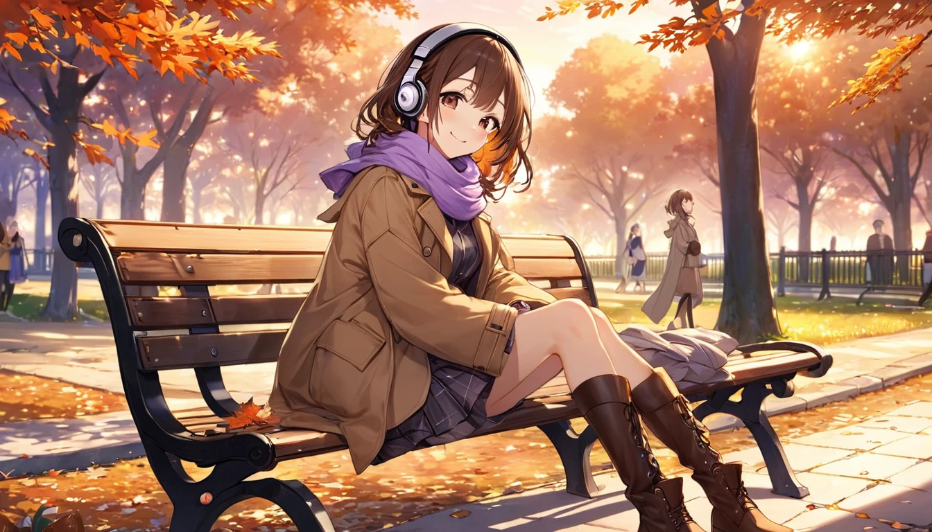 background：At dusk in autumn、公園内の並wood道。The orange and purple sky、wood々It casts a soft shadow on the leaves and ground.。
expression：Taking a deep breath、Smiling with satisfaction。
Costume：Light brown coat、Soft scarf、A simple skirt and、Wearing boots。
Pause：Relaxing on a park bench、Stretch your legs、Leaning lightly against the backrest。Both hands are folded lightly on the lap。
scene：In the quiet park、There&#39;s hardly anyone there except her.。wood々The sunset seen from between、Spreading warm light all around、It creates a calm and tranquil atmosphere。

(Brown haired woman wearing headphones), (A walk in the park at dusk), (Very detailed, masterpiece, Highest quality, bright), (Anime Style)。
